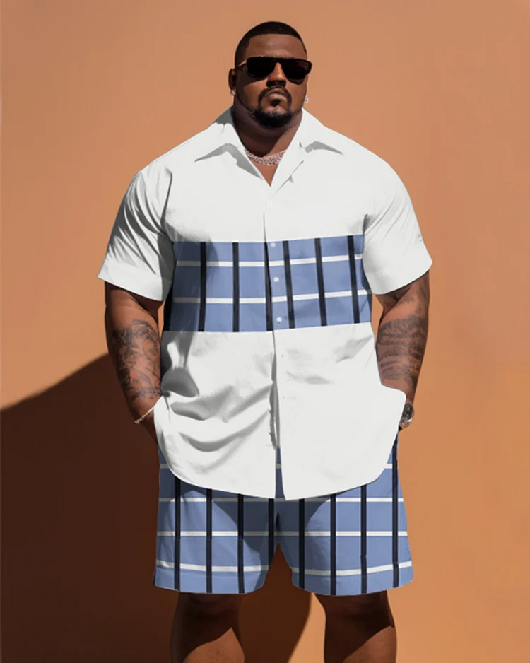 Men's Plus Size Simple Patchwork Plaid Short-Sleeved Shirt And Shorts Set