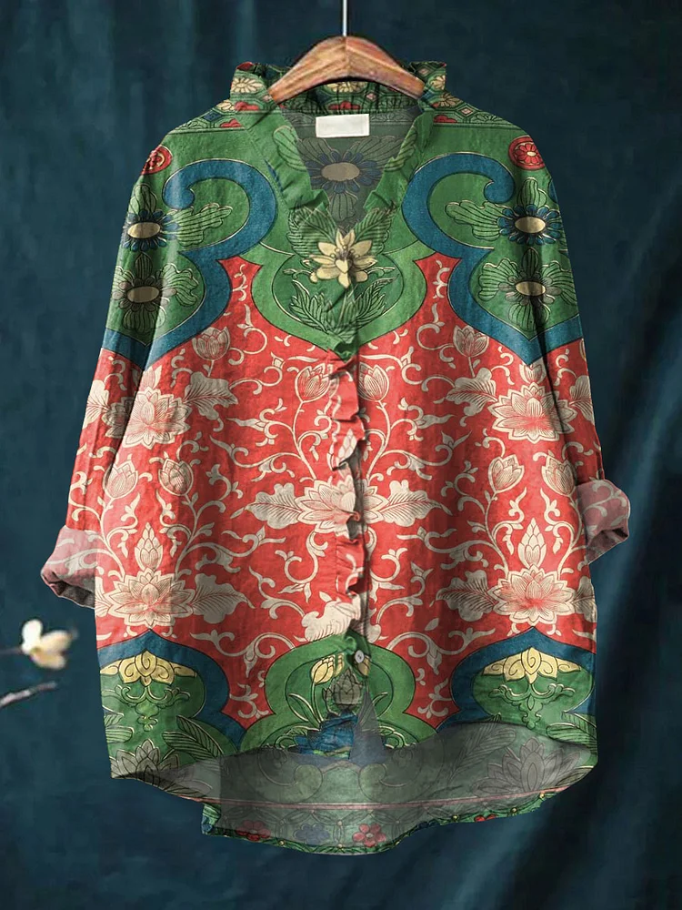 Women's Vintage Lovely Floral Art Print Casual Cotton And Linen Ruffle Shirt