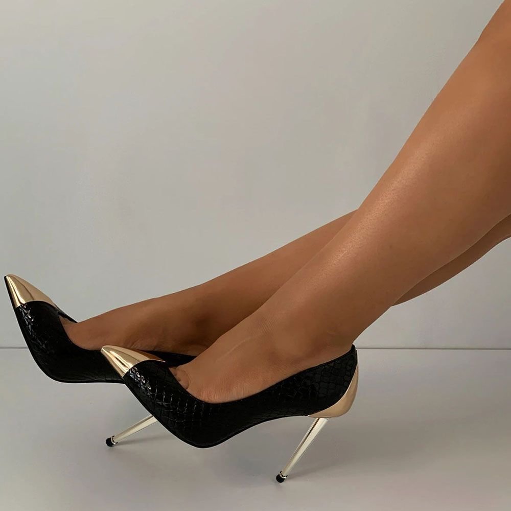 Black Mirror Leather Pumps Golden Pointed Toe Stiletto Heels Nicepairs