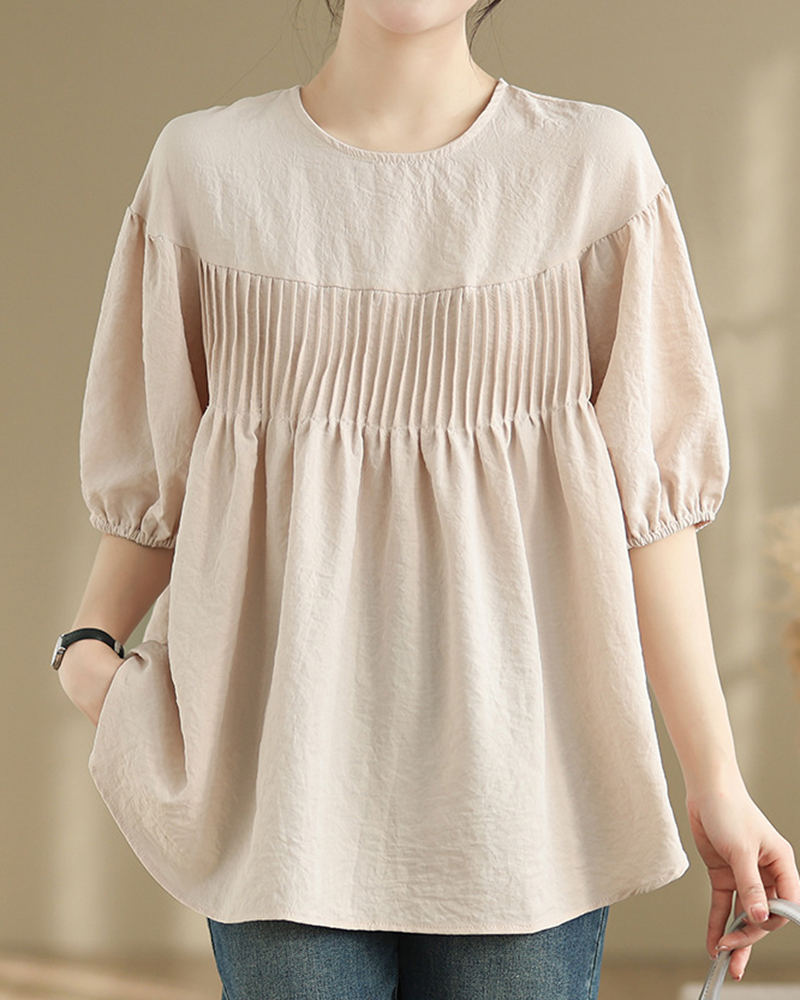 Pleated Design Puff Short Sleeve Round Neck A-Line Loose Solid Color Top