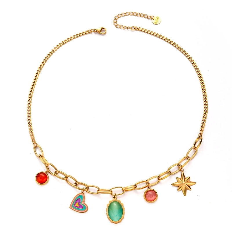 IG Style Round Star Heart Shape Titanium Steel Artificial Gemstones Plating Inlay Multi Charms Necklace