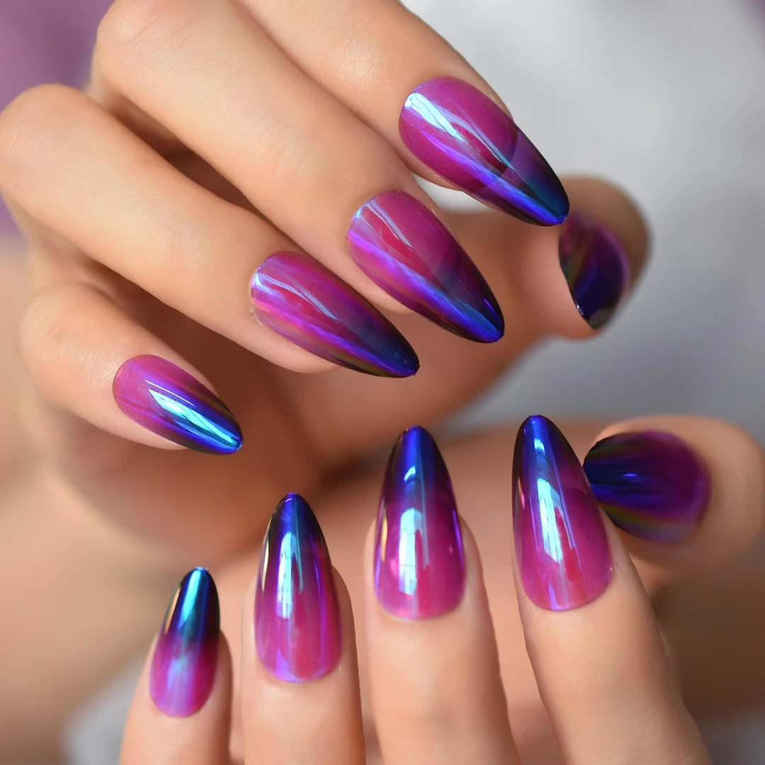 Purple To Dark Blue Fading Nail Translucent Medium Almond Press On Full Cover Fingernail Manicure Supplies For Professionals Set-Nail Inspo