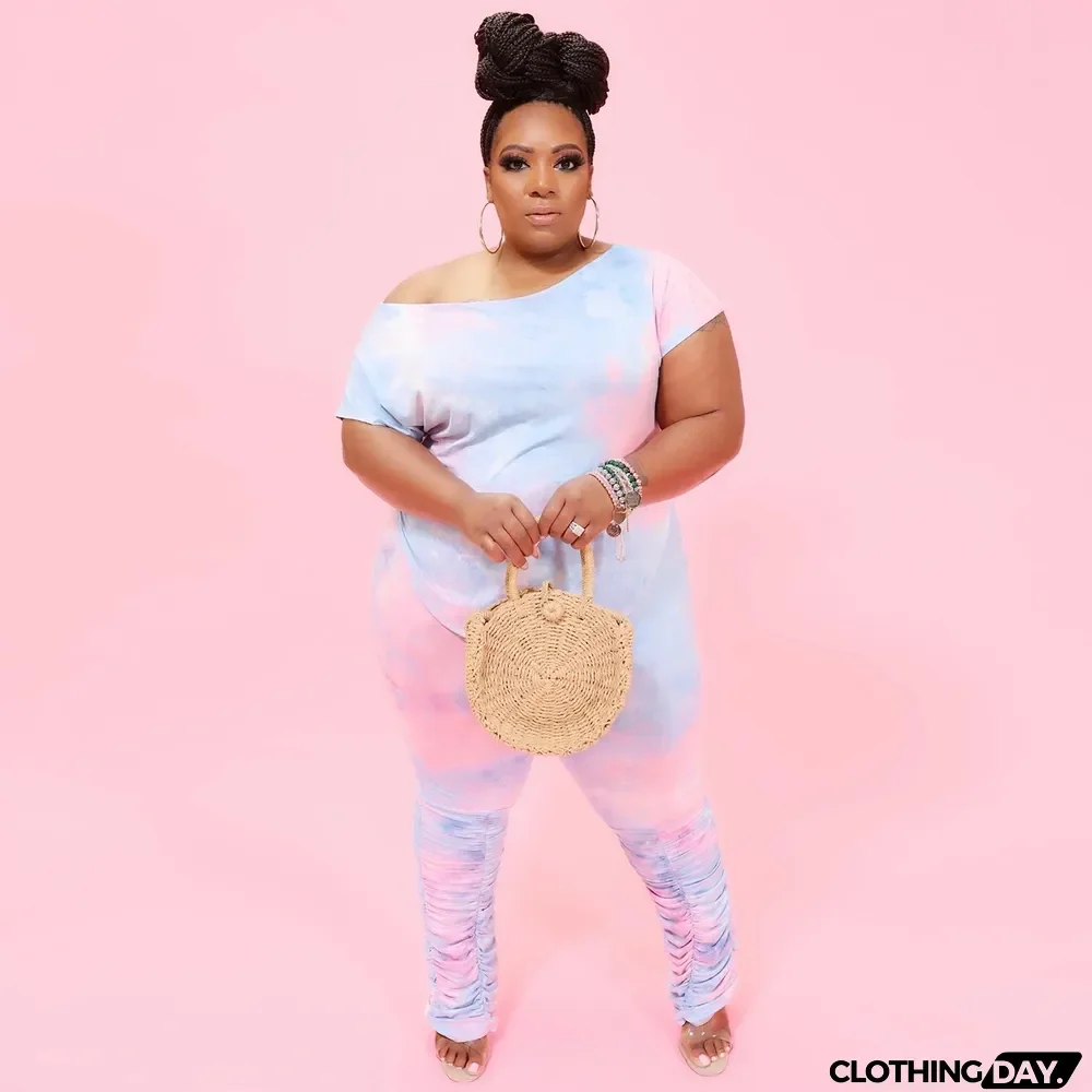 Plus Size Two Piece Tie Dye Short Sleeve Pants Set