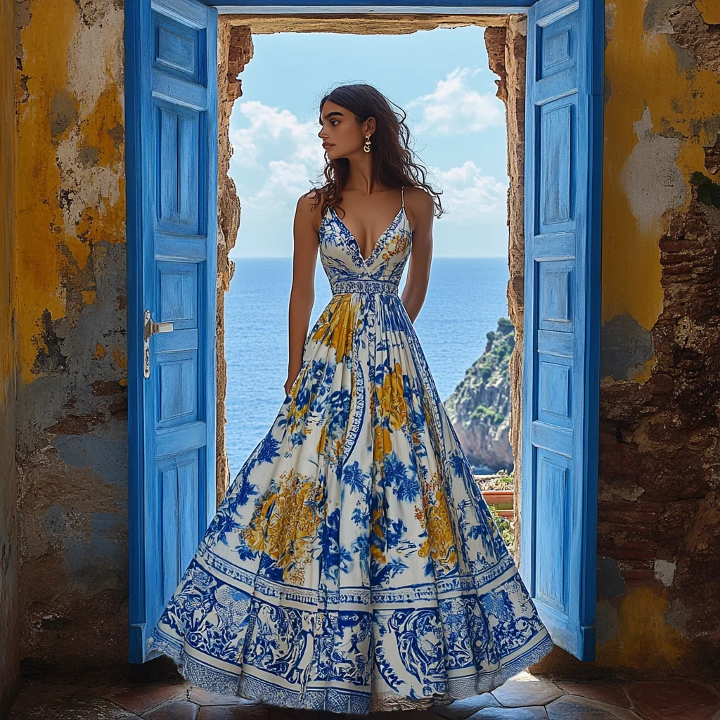 Abito lungo con scollatura a V e motivo maiolica mediterranea italiana