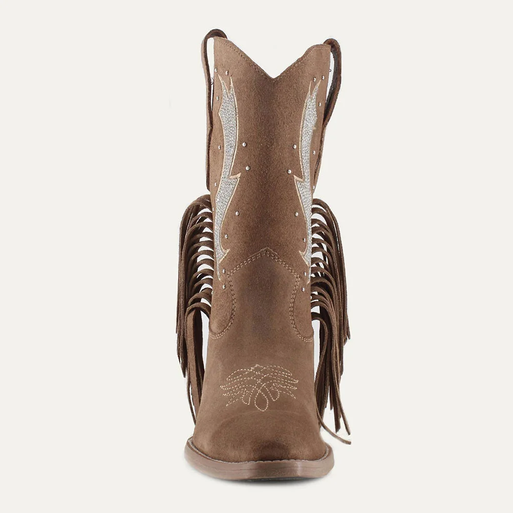 Brown Rhinestone Stacked Heel Fringe Western Boots for Women