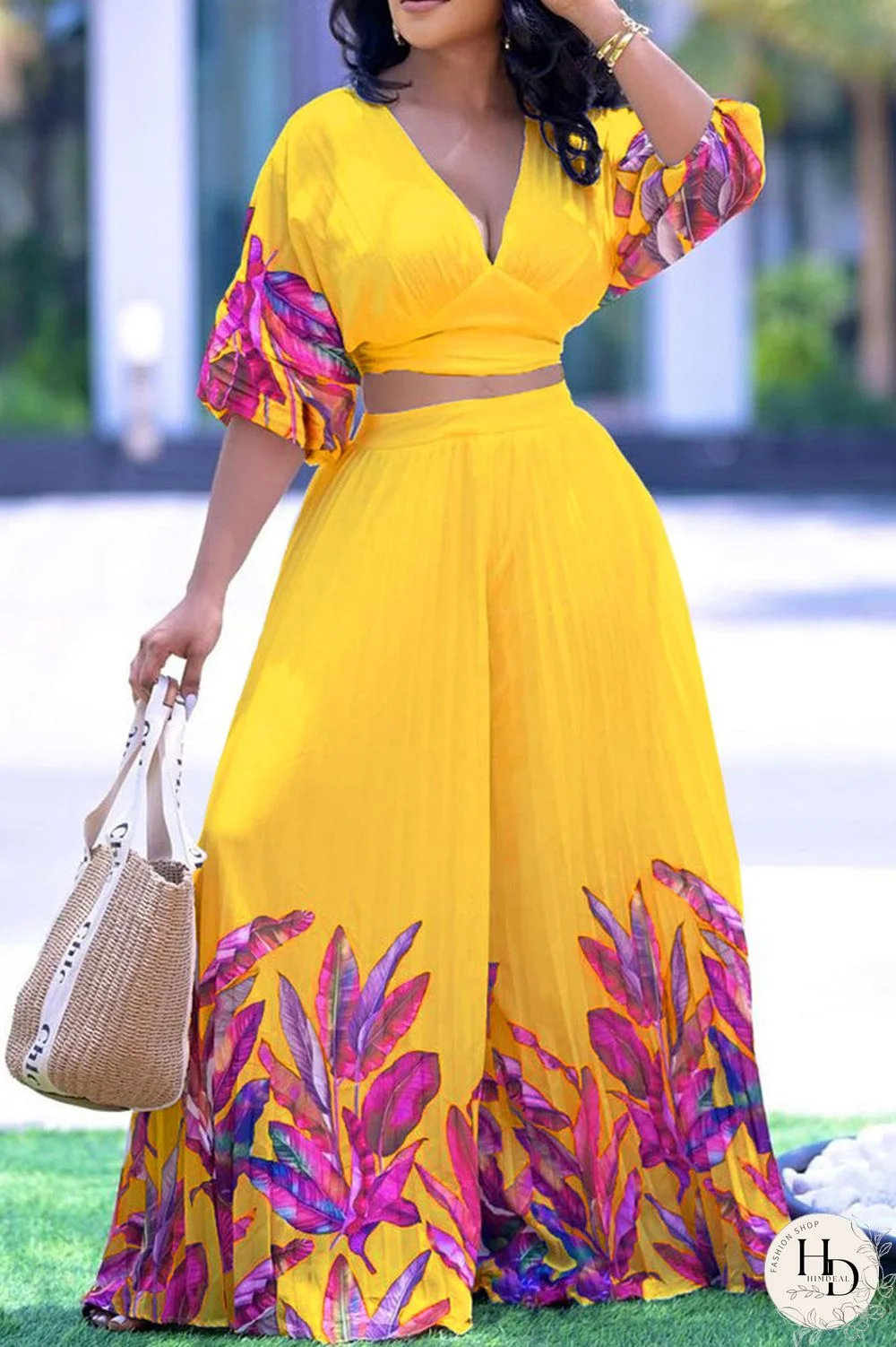 Yellow Casual Print Patchwork Fold V Neck Half Sleeve Two Pieces