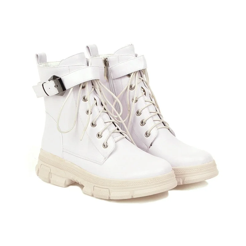 Meotina Winter Motorcycle Boots Women Buckle Flat Platform Ankle Boots Zipper Round Toe Shoes Ladies Autumn Red Plus Size 34-43