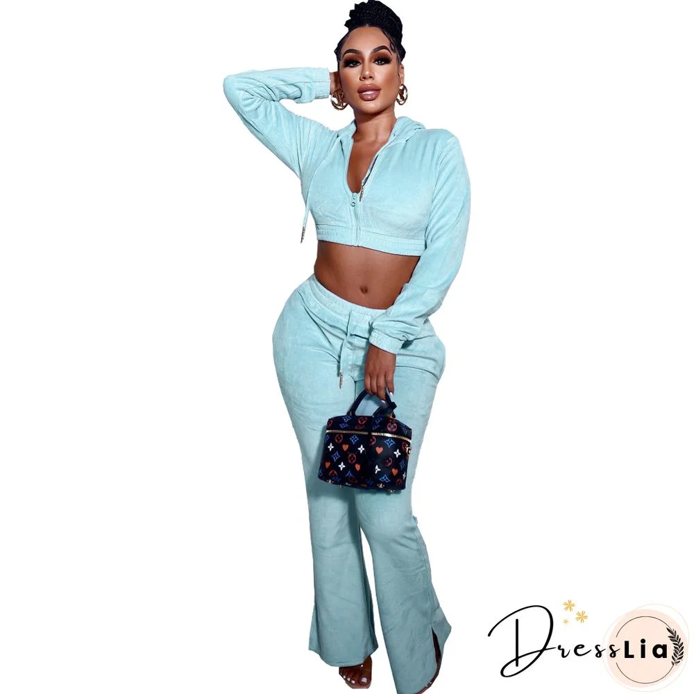 Zipper Hooded Jacket Flare Pants Velvet Two Piece Set