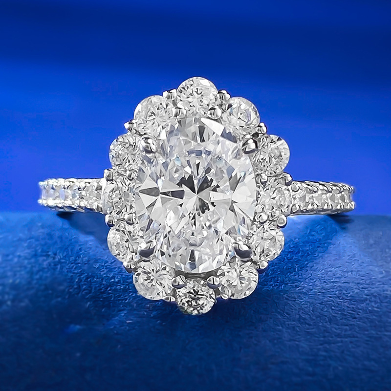 MIKAMU Jewelry Oval 7*9 Diamond Ring - Full Micro-Set Ice Flower Cut White Diamond Wedding Band for Women