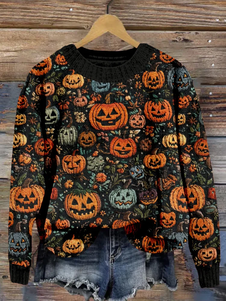 Spooky Embroidered Jack O Lanterns Cozy Sweater