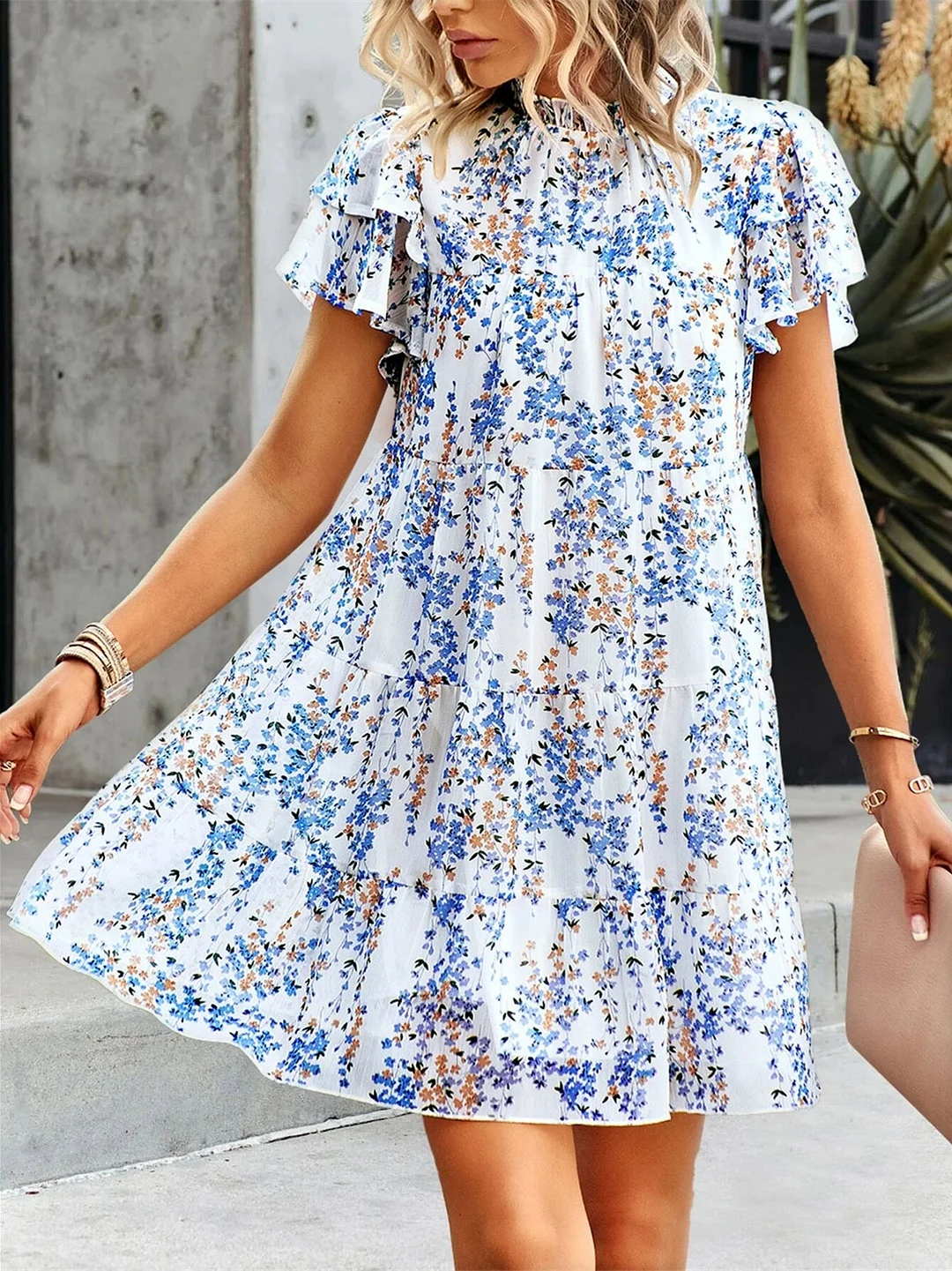 Women's Short Sleeve Scoop Neck Floral Printed Mini Dress