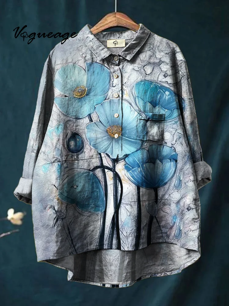 Elegant And Gentle Temperament Plant Print Cotton And Linen Shirt