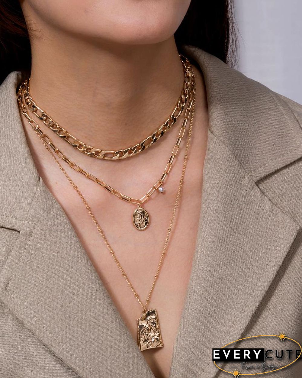 3PCS Coin Pattern Pendant Beaded Layered Necklace