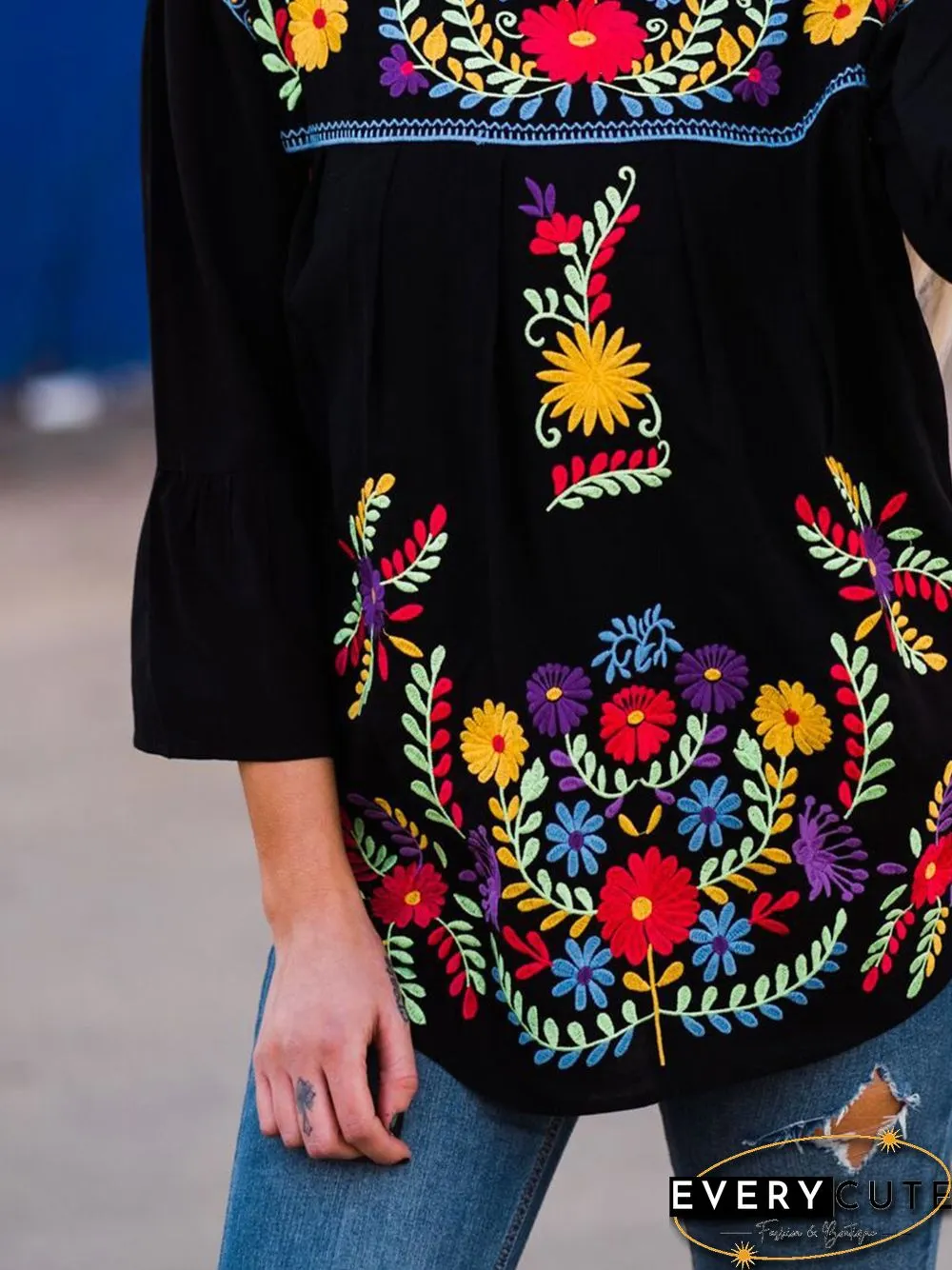 Crew Neck Floral 3/4 Sleeve Vintage Tops
