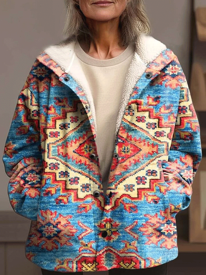 Women's Vintage Ethnic Pattern Art Print Waffle Plush Thick Long-Sleeved Hooded Coat
