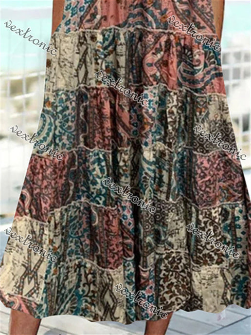 Women Short Sleeve Scoop Neck Floral Printed Stitching Maxi Dress