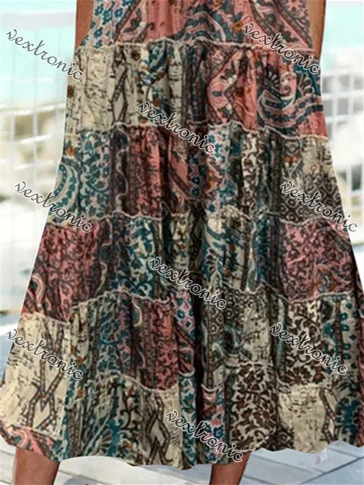 Women Short Sleeve Scoop Neck Floral Printed Stitching Maxi Dress