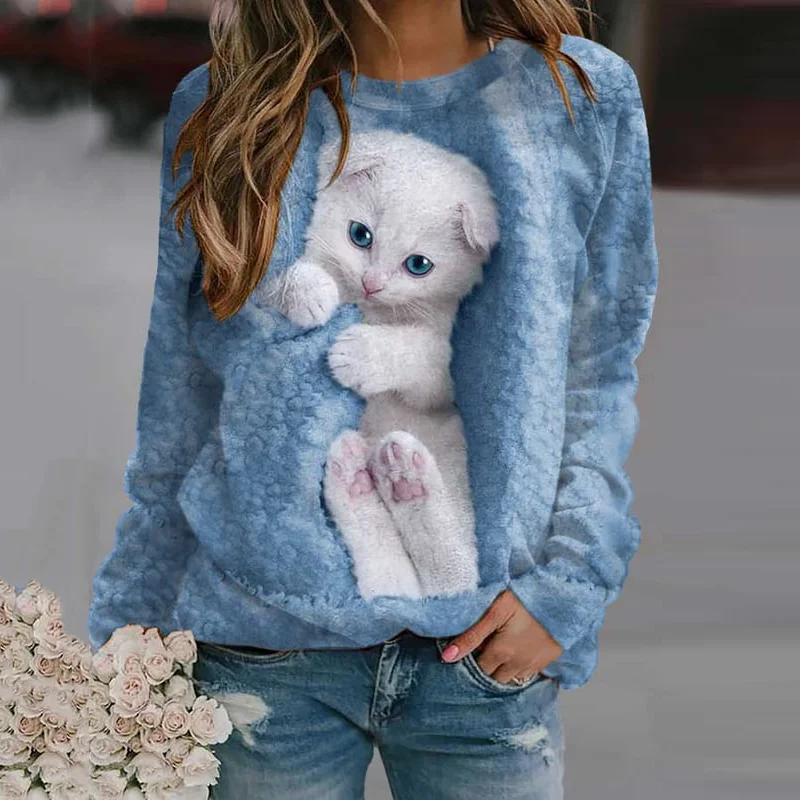 Cat Print Round Neck Casual Sweatshirt