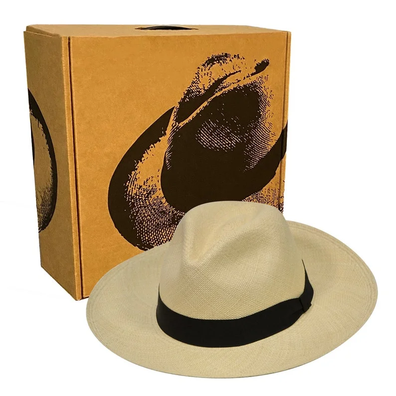 Genuine Panama Hat - Black Band - Wide Brim Classic Summer Fedora -  Natural Toquilla Straw - Handwoven in Ecuador - GPH - HatBox Included-FREE SHIPPING