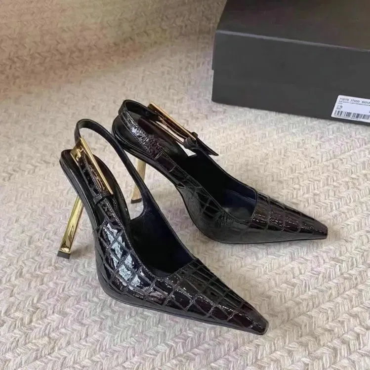 Black Patent Leather Gothic Pointed Sandals High Heel