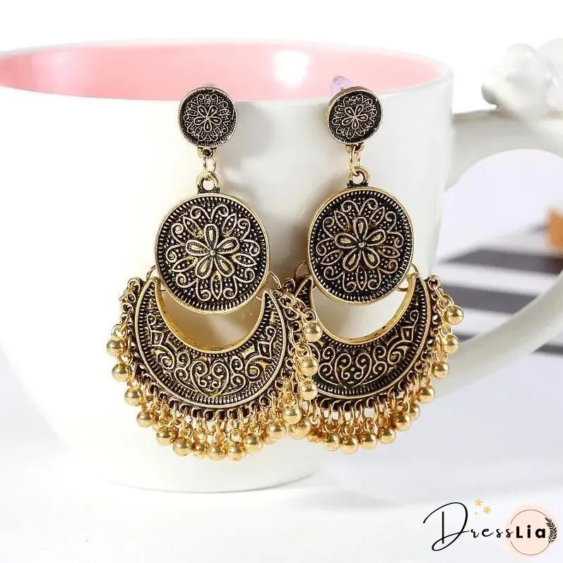 3 Colors Bohemian Indian Antique Moon Shape Carved Flower Tassels Earrings