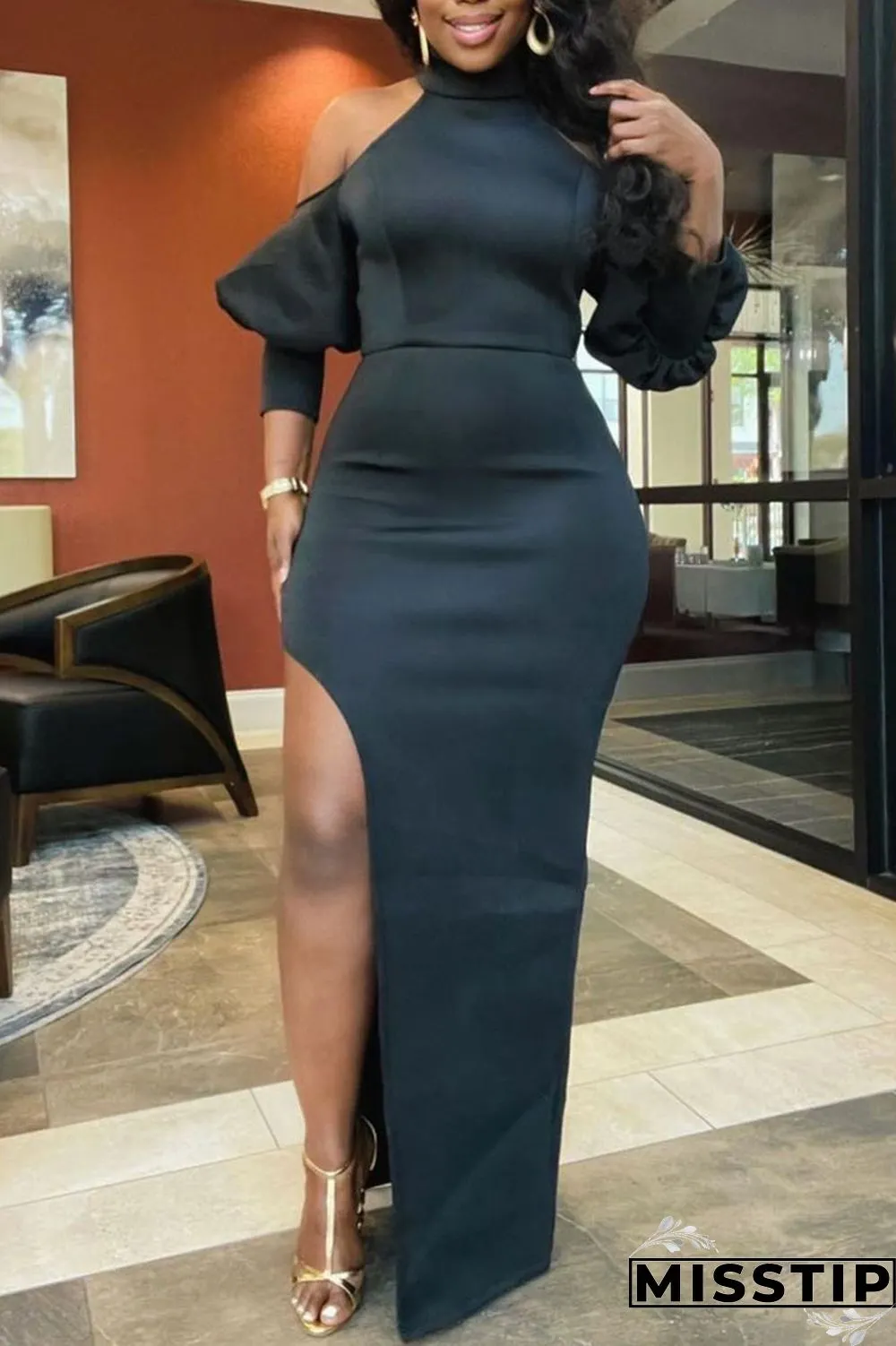 Pink Sexy Solid Patchwork High Opening Half A Turtleneck Straight Dresses