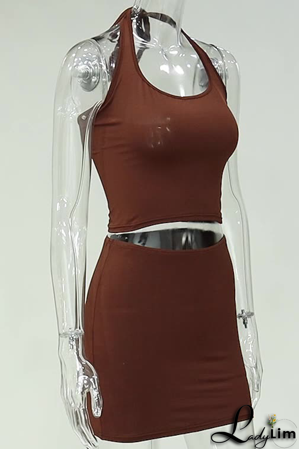 Coffee Sexy Solid Patchwork Halter Sleeveless Two Pieces