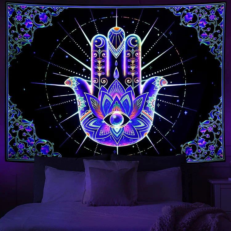 Hamsa Divination Hand - Black Light Tapestry