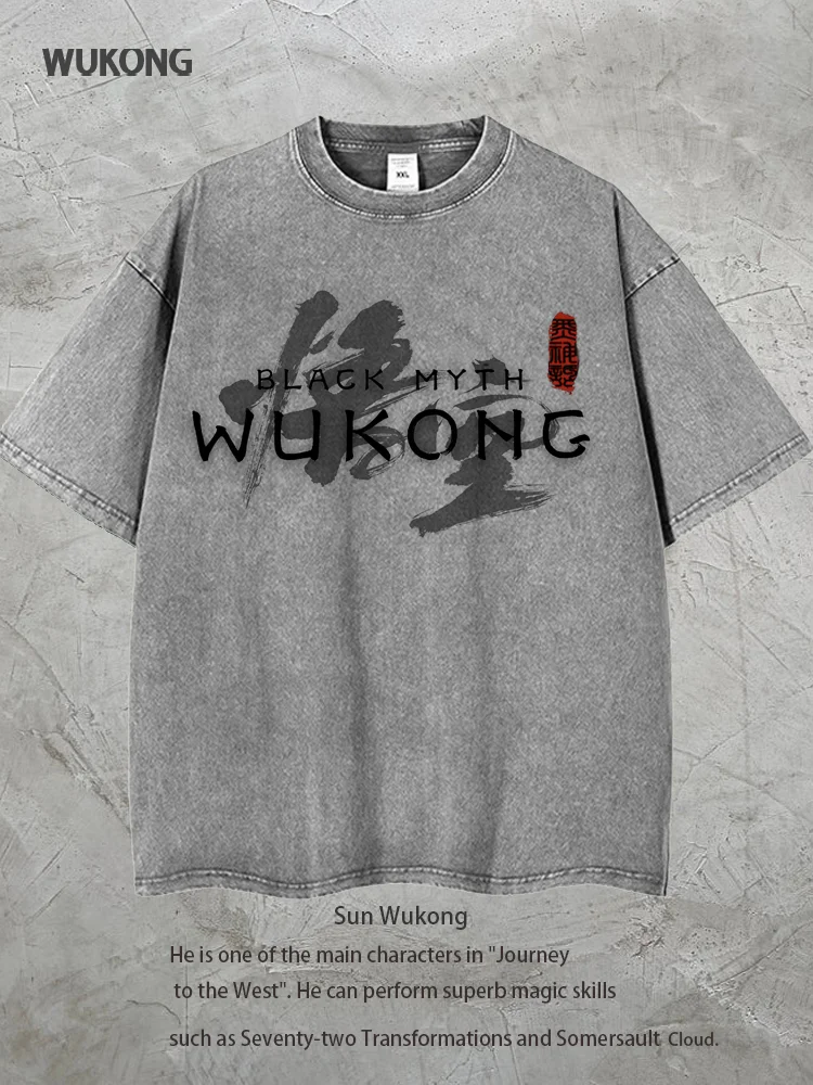 Unisex Vintage Washed Journey to the West Culture Monkey King Printed Short Sleeve T-Shirt