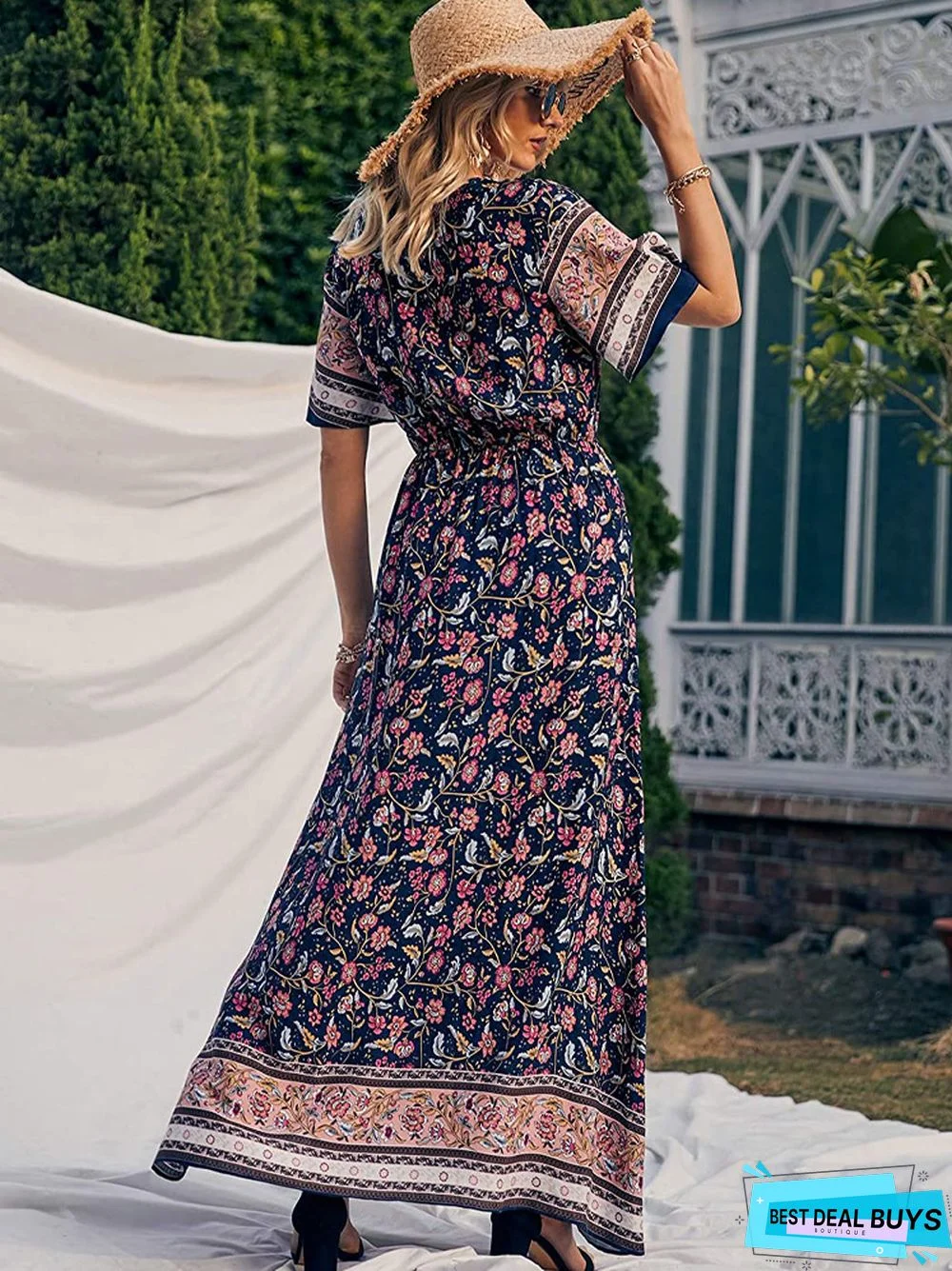 Bohemian Print V-neck Waist Dress Resort Beach Dress
