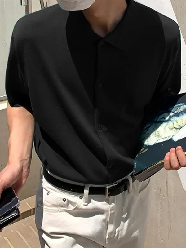 Aonga - Mens Plain Short Sleeve Lapel Collar Shirt