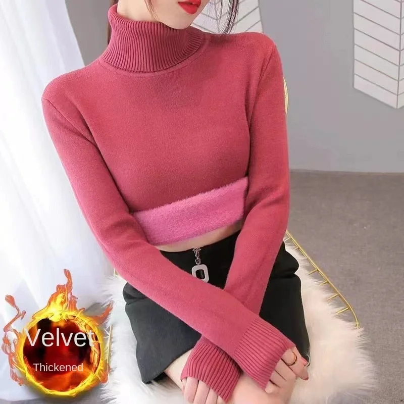 Sonicelife Early Autumn New High Collar Plush Sweater Women's One Piece Plush Knit with Slim Fit Mink Bottom Warm Top