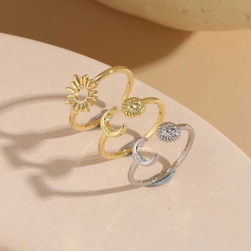Casual Minimalist Sun Moon Copper Asymmetrical Plating 14k Gold Plated Open Ring