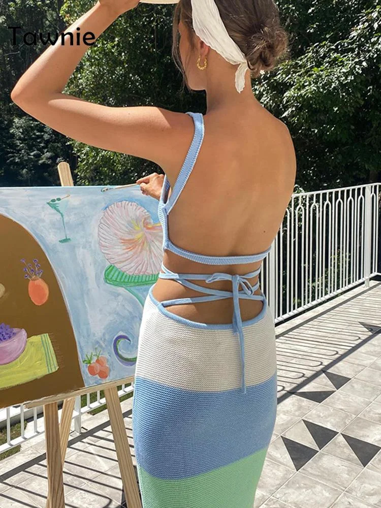 Tawnie Y2K Stripe Knitted Spaghetti Strap Backless Midi Dress Women Sexy Bodycon Beach Holiday Cut Out Maxi Dresses 2022 Summer