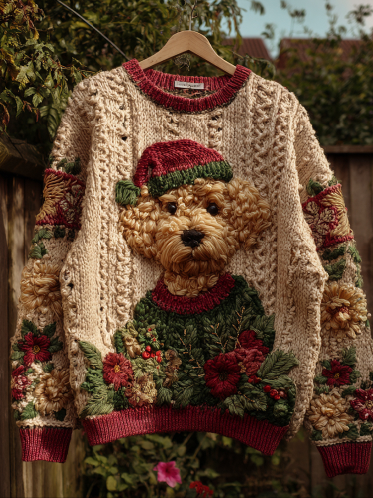 Christmas Flowers And Teddy Dog Round Neck Sweater elevenforest