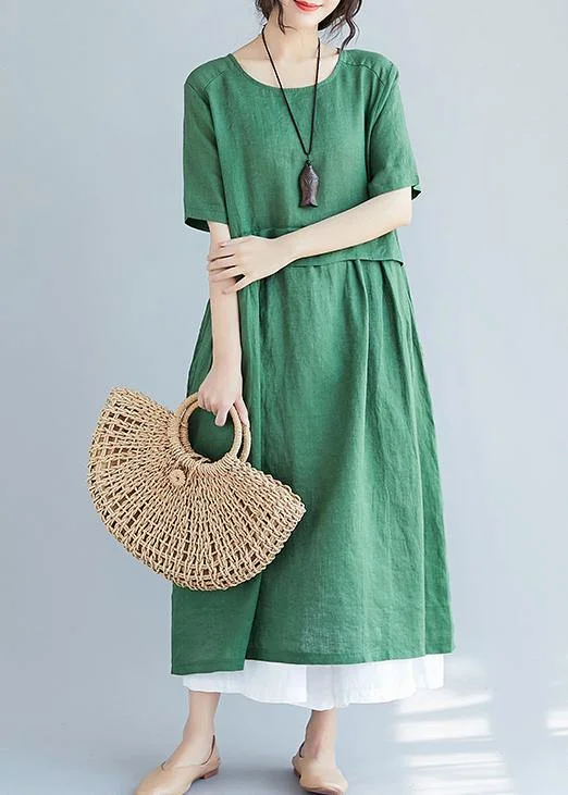 Women o neck pockets cotton linen quilting dresses Photography green Dress summer