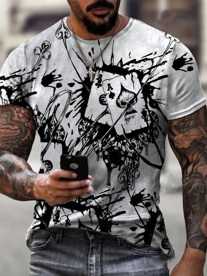2023 Men's Hot Sale Fashion Casual Black and White 3D Poker Print Short Sleeve T-Shirt Tops