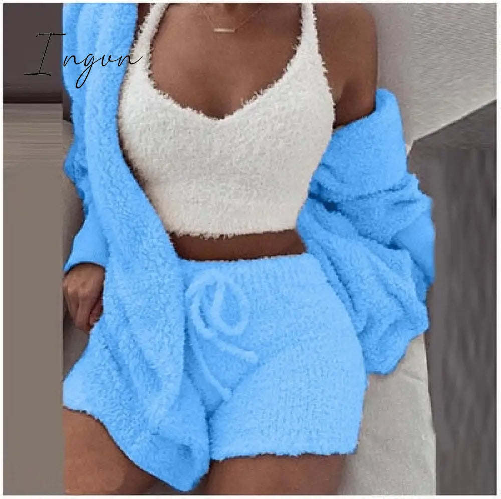 Ingvn - Three Piece Sexy Fluffy Outfits Plush Velvet Hooded Cardigan Coat + Shorts + Crop Top Women