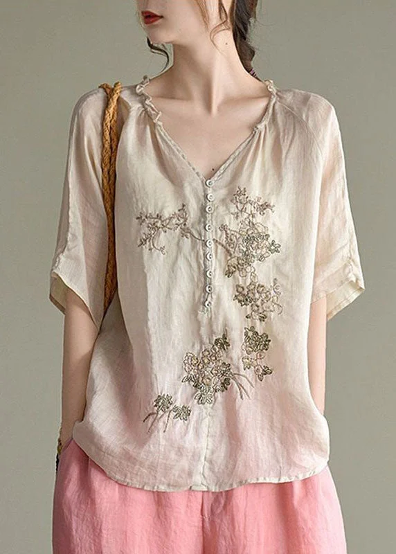 Women Beige V Neck Embroideried Patchwork Linen Top Summer