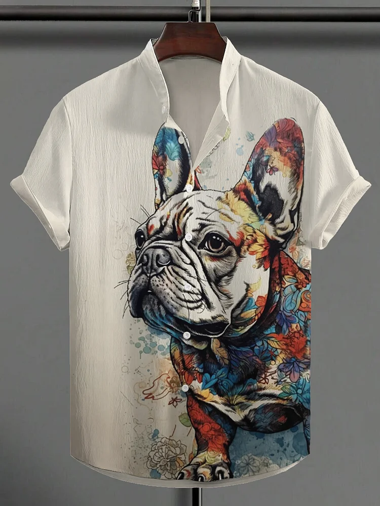 Men's Floral Bulldog Colorful Art Print Linen Blend Shirt