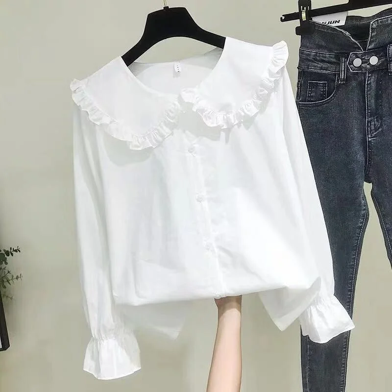 Ueong Autumn White Blouses Women Sweet Simple Leisure Peter Pan Collar Shirts Girls Preppy Style Kawaii Long Sleeve Blouse