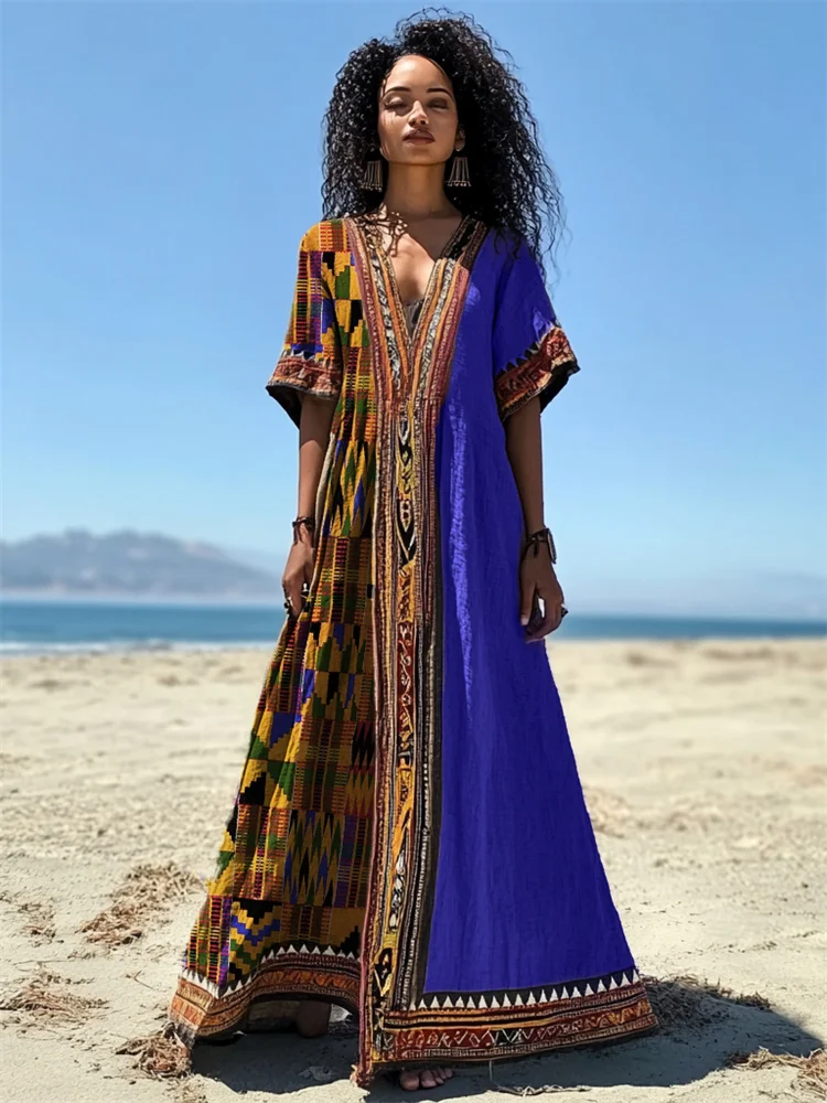African Kente Pattern Contrast Folk Linen Maxi Dress