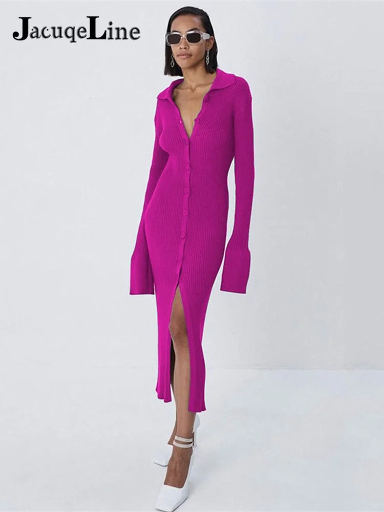 JacuqeLine Winter 2021 Green Evening Party Christmas Dresses For Women Clothing Knitted Sweater Split Sexy Bodycon Maxi Dress