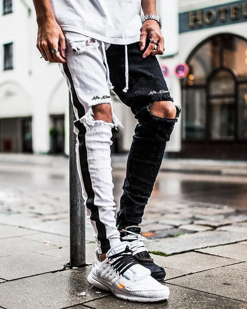 men's black and white stitching trousers