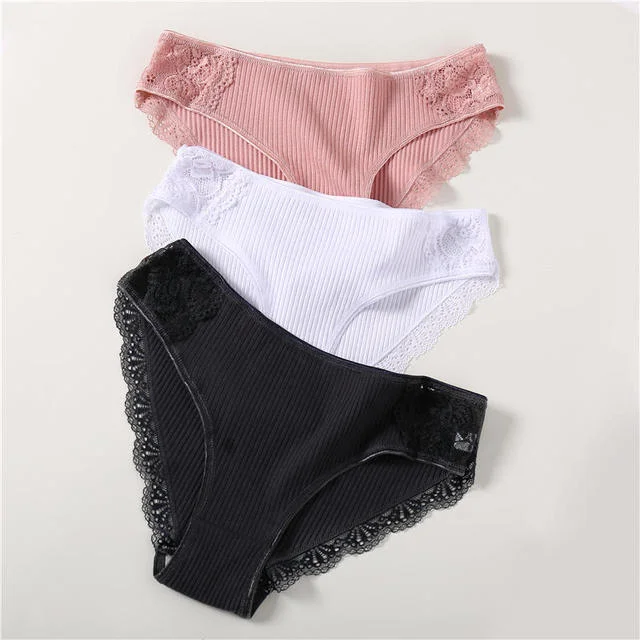 FINETOO 3PCS/Set Cotton Panties Women Underwear Sexy Panties Lace Brief for Female Panty Lingerie Low Waist Floral culotte femme