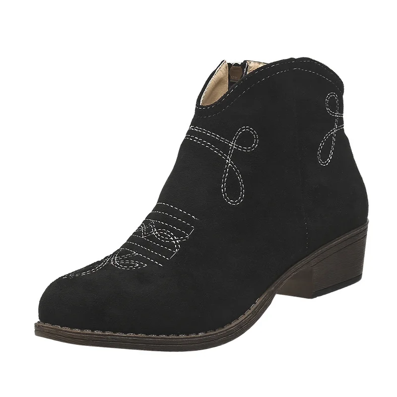 Yyvonne And Winter 2025 New Low-And-Tenced Martin Boots Women's Round Head Size 43 Embroidered Women's Short Boots V Side And Bare Boots