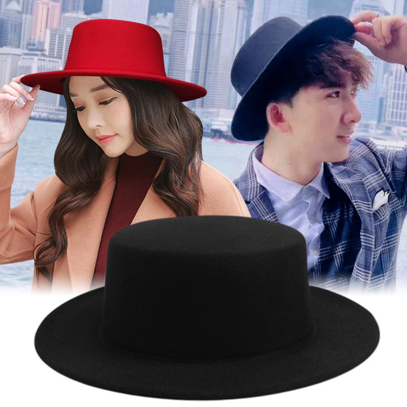 Couple’s Flat Brim Hat Men’s And Women’s Autumn And Winter Retro British Jazz Hat Flat Top Big Brim Top Hat Women’s Sun-proof Street Dance Hat