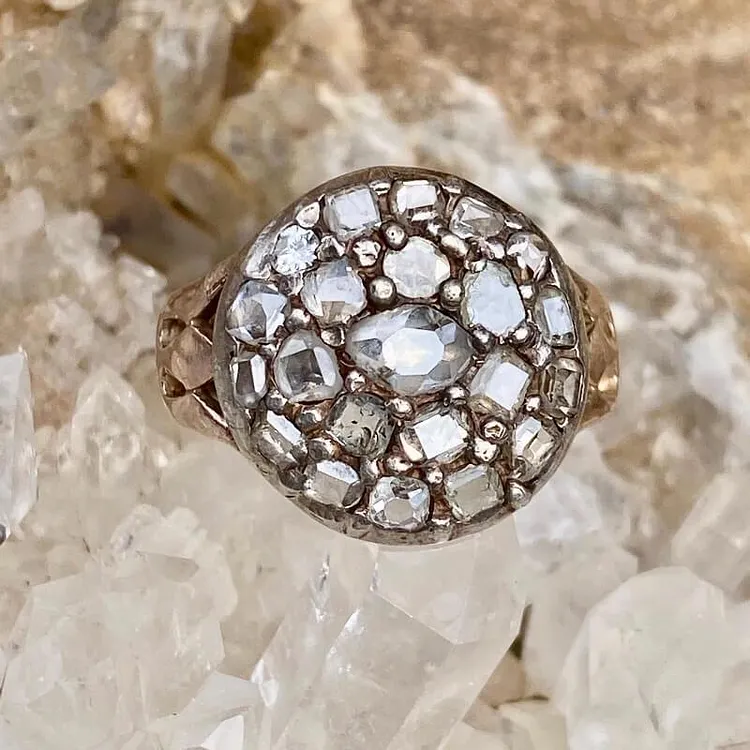 Antique 14k Gold Cluster Ring with Mine Cut Diamonds Size 7
