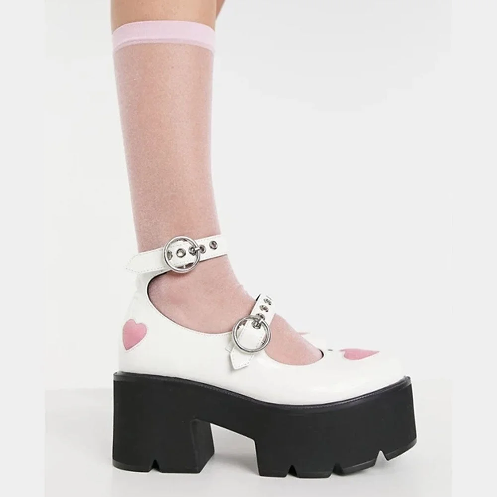 Back to College Round Toe Heart Print Ankle Strap Chunky Goth Platform Women Shoes Trendy Punk Marry Janes Pumps Square Heels Street Style