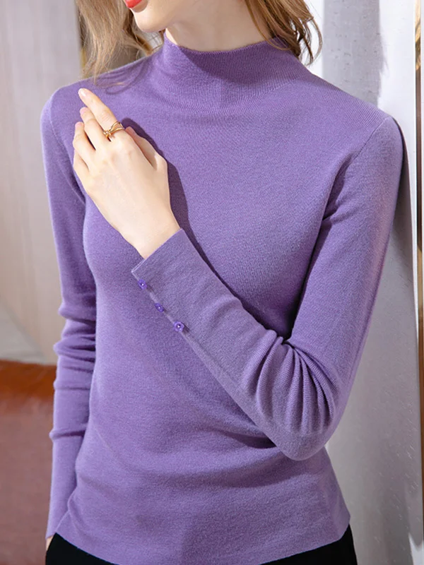 Simple Long Sleeves Skinny Keep Warm Solid Color High-Neck Pullovers